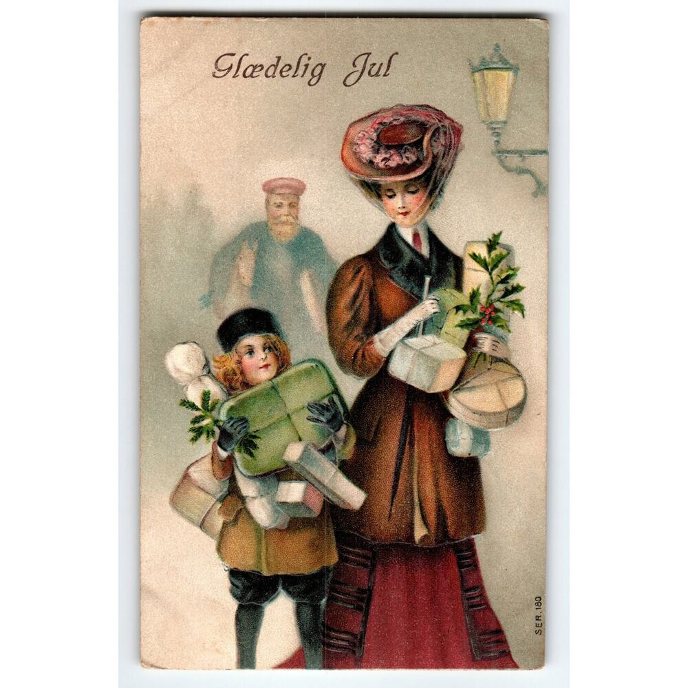 Vintage Danish Christmas Postcard Glædelig Jul Woman Child Gifts Germany Ser 180